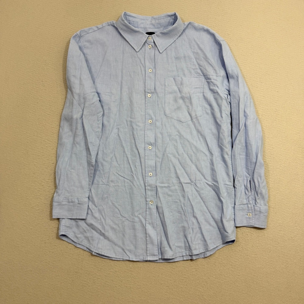 Gap Button Up Shirt Women Large Blue Linen Blend Long Sleeve Casual Preppy NEW